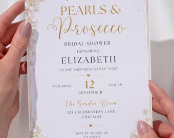 Pearls & Prosecco Bridal Shower Invitation Template, Editable Bridal Shower Invite, Elegant Pearl Shower Invite, Instant Download Canva