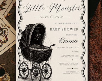 We Created a Monster Baby Shower Invitation, Gothic Invite, Halloween, Little Monster Baby Shower, Spooky Shower Template, Editable Canva