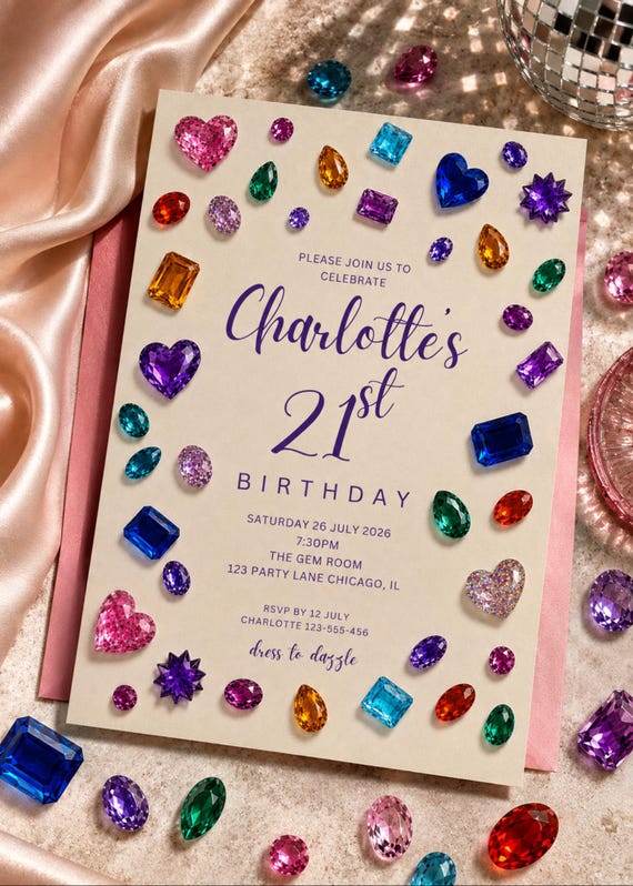 Gemstone 21st Birthday Invitation | Jewel Birthday Party Invite | Glam Colourful 21st Birthday | Editable Canva Template | Bejewelled