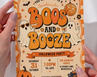 Boos and Booze Halloween Party Invitation Template, Retro Halloween Invite, Groovy Party, Editable Canva Invite, Adult Halloween Invitation