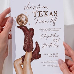 She's From Texas I Can Tell 21st Birthday Invitation Template | Western Cowgirl Birthday Invite | Disco Cowgirl Party | Editable Canva image 1