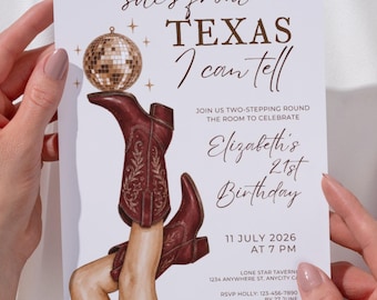 She's From Texas I Can Tell 21st Birthday Invitation Template | Western Cowgirl Birthday Invite | Disco Cowgirl Party | Editable Canva