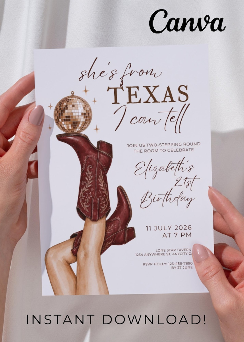 She's From Texas I Can Tell 21st Birthday Invitation Template | Western Cowgirl Birthday Invite | Disco Cowgirl Party | Editable Canva image 1