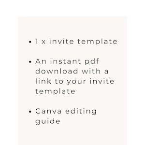 May include: A digital information graphic with the heading WHAT'S INCLUDED in black text. The list includes 1 x invite template, an instant pdf download with a link to your invite template, and a Canva editing guide on a light beige background.