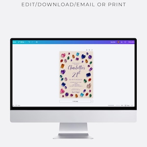 May include: A computer monitor displaying an editable digital invitation template for a 21st birthday party. The invitation features a cream background decorated with colorful, multi-shaped gemstone illustrations and text reading Charlotte's 21st Birthday.