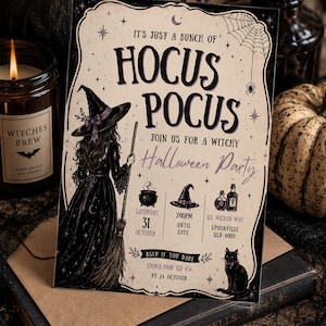 May include: A rectangular Halloween party invitation card featuring a witch in a black dress and hat holding a broom. The text reads: It's just a bunch of Hocus Pocus, Join us for a witchy Halloween Party, Saturday 31 October, 7:00PM until late, 123 Wicked Way Spookville QLD 4000, RSVP if you dare Emma 0400 123 456 by 24 October.