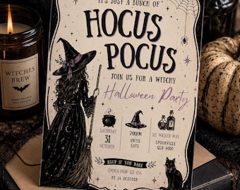 Hocus Pocus Halloween Party Invitation Template, Witch Halloween Invite, Editable Canva Invite, Adult Halloween Party, Instant Download