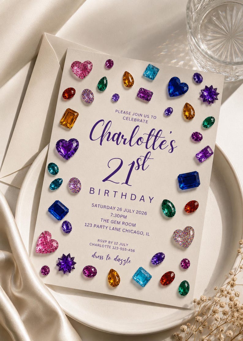 May include: A cream-colored birthday invitation card featuring a scattered pattern of colorful, multi-shaped gemstone illustrations. The text reads: Please join us to celebrate Charlotte's 21st Birthday, Saturday 26 July 2026, 7:30PM, The Gem Room, 123 Party Lane Chicago, IL, RSVP by 12 July Charlotte 123-555-456, dress to dazzle.