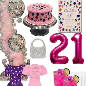 May include: A collage featuring a pink cake with gemstone decorations, a birthday invitation for Charlotte's 21st, silver disco balls, a pearl-beaded handbag, hot pink number 21 balloons, a purple polka-dot dress, a pink bow dress, and pink cocktails.