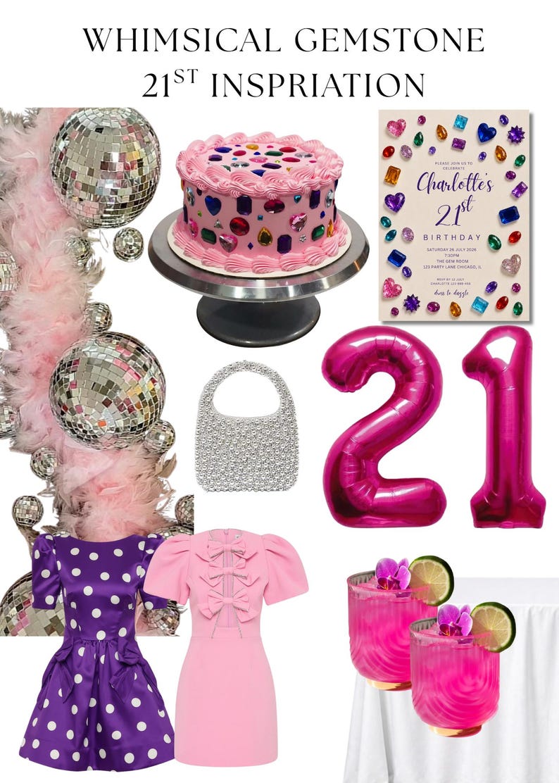 May include: A collage featuring a pink cake with gemstone decorations, a birthday invitation for Charlotte's 21st, silver disco balls, a pearl-beaded handbag, hot pink number 21 balloons, a purple polka-dot dress, a pink bow dress, and pink cocktails.