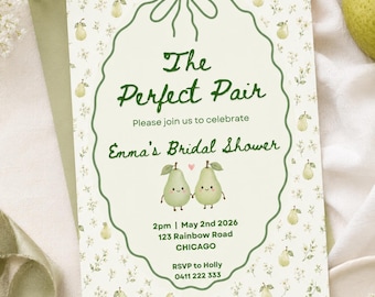 The Perfect Pair Bridal Shower Invitation Template, Pear Bridal Shower Invite, Editable Canva, Couples Shower, Pear Theme, Green Bridal