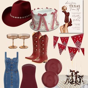 May include: A collection of party items including a maroon cowboy hat, a white cake with red gingham bows, a birthday invitation, two ribbed glass coupes, red cowboy boots with star stitching, red bandana bunting, a denim dress, a maroon dress, two maroon plates, and a table with a white and beige checkered cloth.
