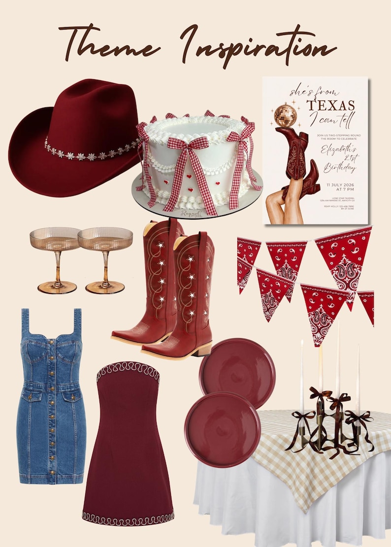 May include: A collection of party items including a maroon cowboy hat, a white cake with red gingham bows, a birthday invitation, two ribbed glass coupes, red cowboy boots with star stitching, red bandana bunting, a denim dress, a maroon dress, two maroon plates, and a table with a white and beige checkered cloth.