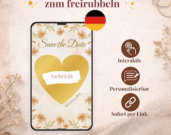 Tarjeta digital para guardar la fecha con rasca y gana, invitación de boda creativa, anuncio de fecha interactivo y personalizable, disponible al instante mediante enlace, RD0015