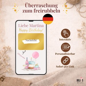 Puede incluir: Una pantalla de teléfono inteligente muestra un mensaje de cumpleaños para Martina, con un área para rascar y una ilustración de pastel. El texto incluye "Happy Birthday!" y "Nachricht". La imagen también presenta iconos y texto en alemán.