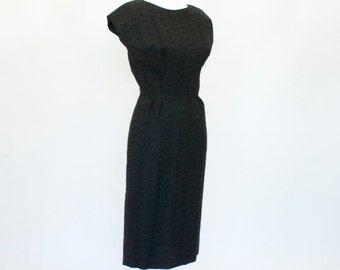 60's Vintage Black Wiggle Dress, Eyelet Dress, Little Black Dress, Bust 34", Sheath Dress