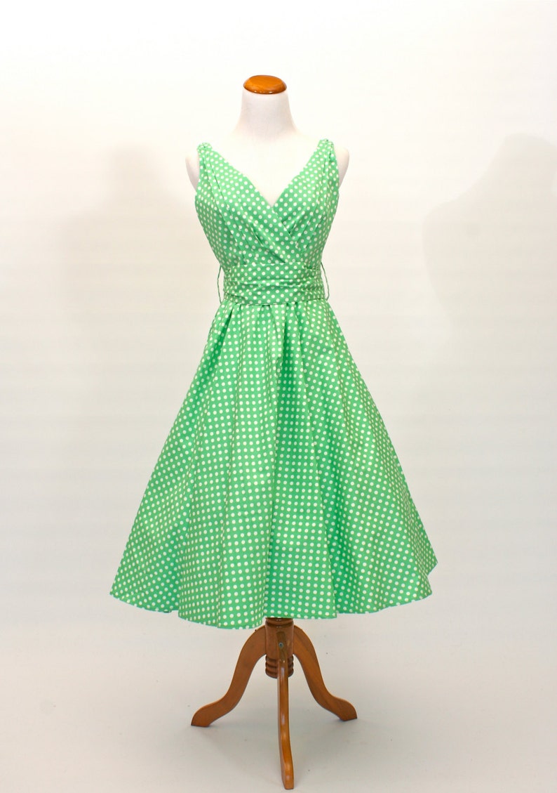 Size Samll/Medium, 50's/60's Vintage Fit and Flare Dress, Polka-Dot Dress, Green Dress, 50's Retro Dress image 2