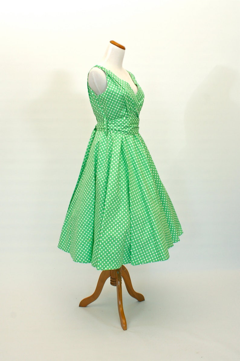 Size Samll/Medium, 50's/60's Vintage Fit and Flare Dress, Polka-Dot Dress, Green Dress, 50's Retro Dress image 3