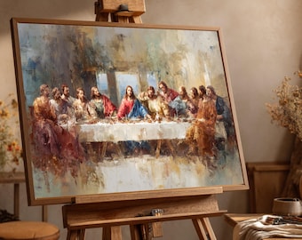 May include: A framed painting of the Last Supper, depicting Jesus and his disciples at a table. The artwork features a warm color palette with brown, red, and blue tones. The painting is displayed on a wooden easel in a well-lit room.
