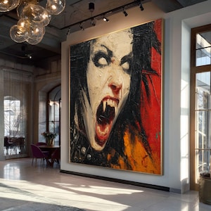 Fierce Vampire Portrait Canvas, Gothic Horror Wall Art, Dark Fantasy Canvas, Halloween Decoration, Scary Face Canvas Print