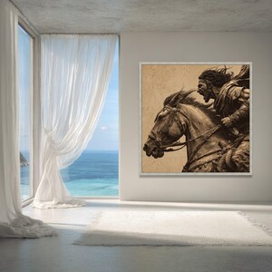Felle krijger opladen paard canvas, middeleeuwse strijdscène muurkunst, vintage stijl canvas decoratie, dynamische interieurkunst afbeelding 4