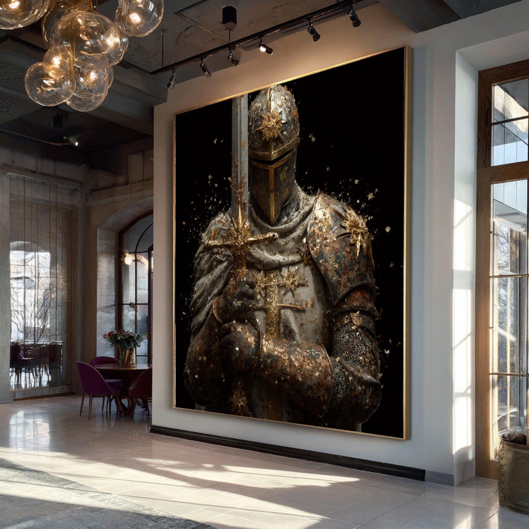 Medieval Knight Armor Canvas Art, Golden Cross Sword Wall Decor ...