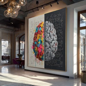 May include: Large framed artwork depicting a split brain. One side is colorful with paint drips, the other is grayscale with mathematical equations. The artwork is displayed in a modern, well-lit interior space.