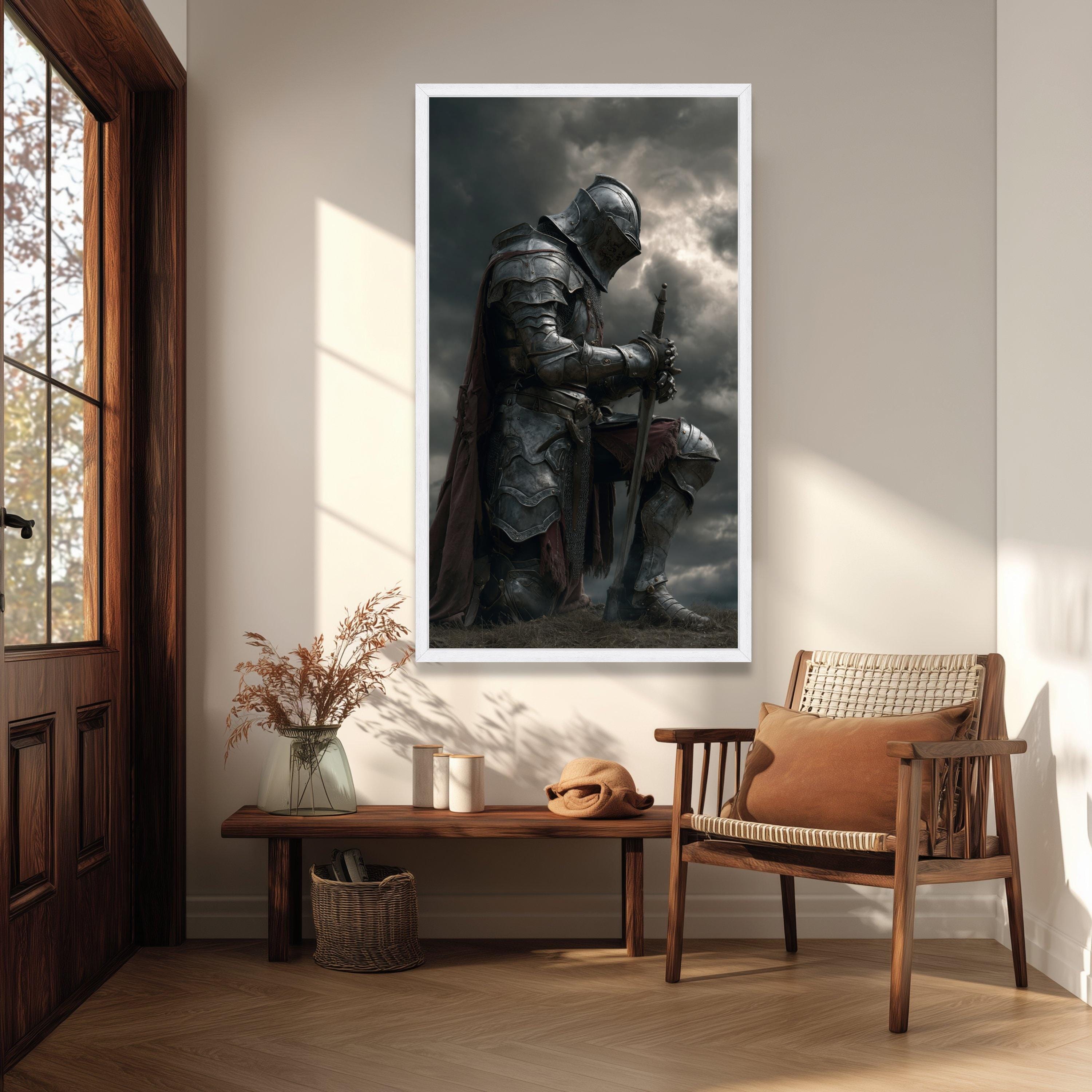 Medieval Knight Kneeling Canvas Art, Armor Sword Dark Sky, Gothic ...