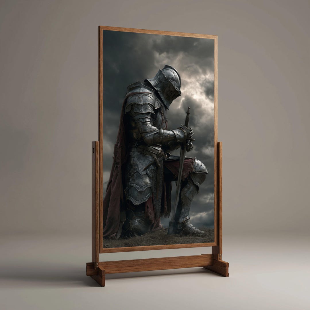 Medieval Knight Kneeling Canvas Art, Armor Sword Dark Sky, Gothic ...