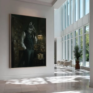 Könnte beinhalten: Ein gerahmtes Kunstwerk zeigt eine wolfsköpfige Figur in einem Anzug, in einem schwach beleuchteten Raum mit wissenschaftlichen Geräten. Die Figur hält eine Pfeife, mit einem nachdenklichen Ausdruck. Das Kunstwerk wird an einer weißen Wand in einem modernen Flur ausgestellt.