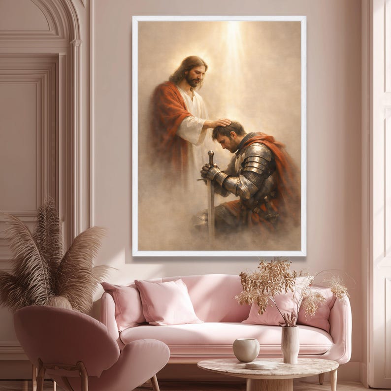 Knight Kneeling Before Jesus Canvas Art, Faith Strength Religious ...