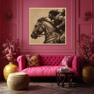 Felle krijger opladen paard canvas, middeleeuwse strijdscène muurkunst, vintage stijl canvas decoratie, dynamische interieurkunst afbeelding 2