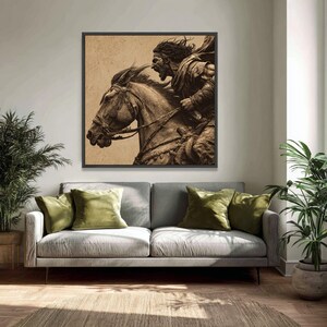 Felle krijger opladen paard canvas, middeleeuwse strijdscène muurkunst, vintage stijl canvas decoratie, dynamische interieurkunst afbeelding 5