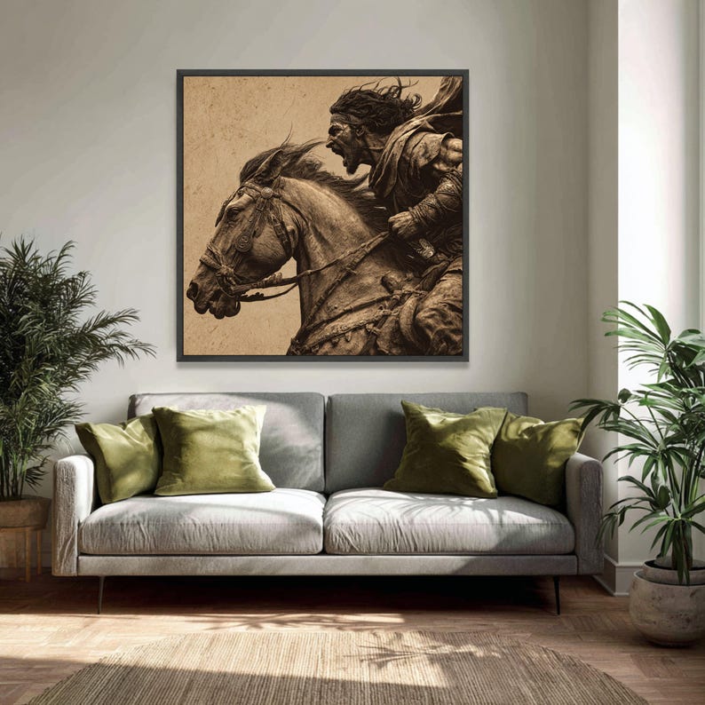 Felle krijger opladen paard canvas, middeleeuwse strijdscène muurkunst, vintage stijl canvas decoratie, dynamische interieurkunst afbeelding 5