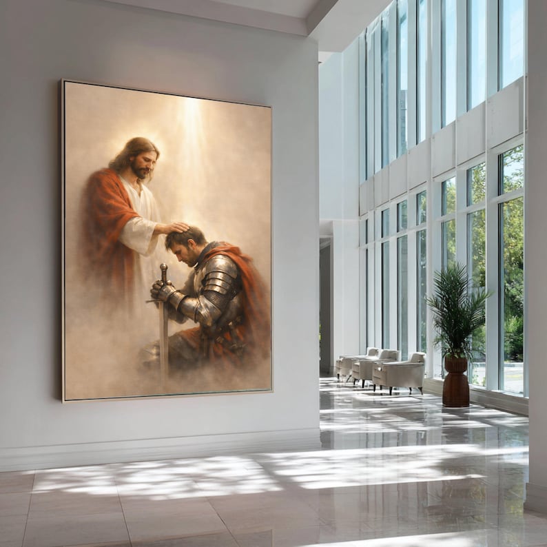 Knight Kneeling Before Jesus Canvas Art, Faith Strength Religious ...