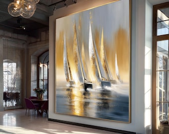 Golden Sunset Sailing Canvas Wall Art, Nautical Boats Decor, Seaside Landscape Painting, Modern Coastal Canvas, Ready to Hang Home