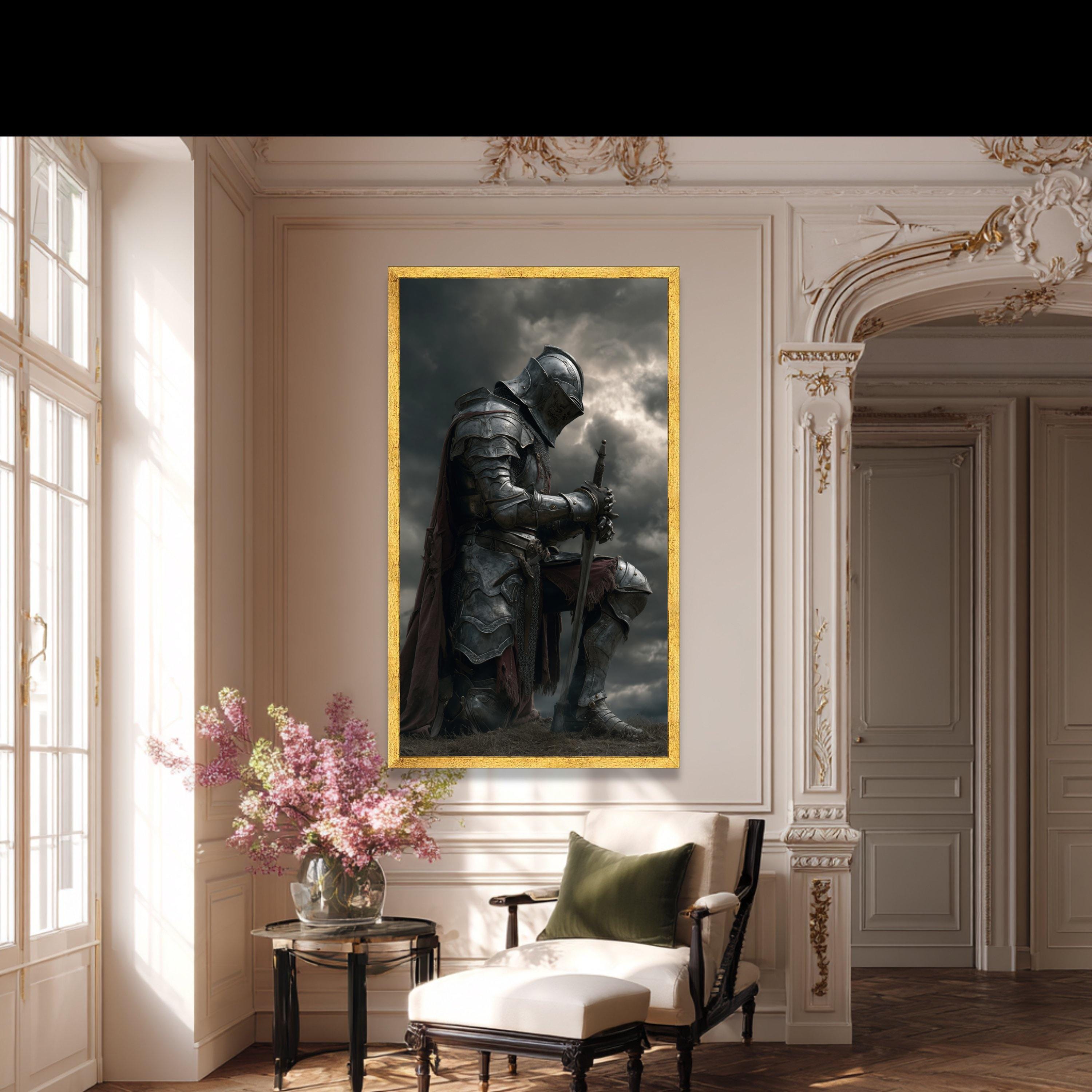Medieval Knight Kneeling Canvas Art, Armor Sword Dark Sky, Gothic ...