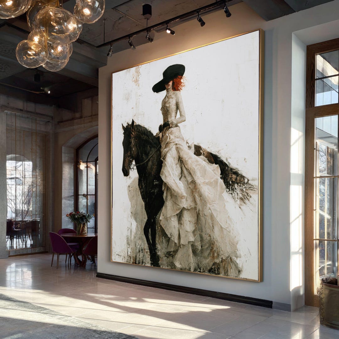 Elegant Woman on Black Horse Canvas, Victorian Dress Horseback Riding ...