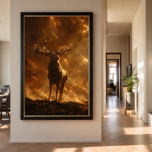 May include: A framed art print featuring a majestic stag with large antlers, set against a fiery, golden-hued background. The artwork is displayed in a modern interior setting, adding a touch of nature and drama to the space.