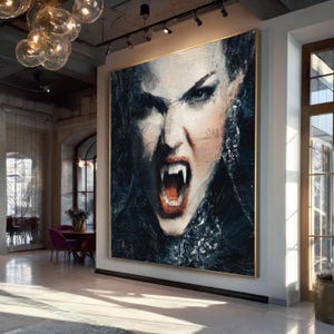 Fierce Vampire Woman Canvas Wall Art, Gothic Horror Portrait, Dark Fantasy Decor, Dramatic Expression Canvas, Gothic Home Decoration