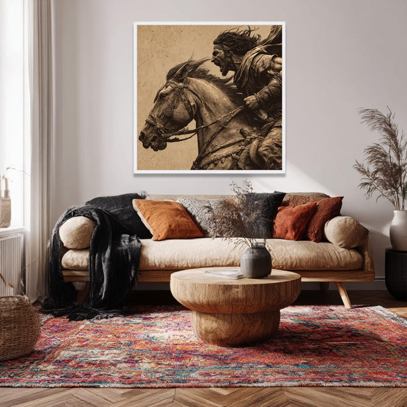 Felle krijger opladen paard canvas, middeleeuwse strijdscène muurkunst, vintage stijl canvas decoratie, dynamische interieurkunst afbeelding 3