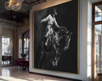 Zwart-wit canvas cowboy bokpaard, vintage rodeo muurkunst, woondecoratie paardensport