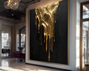 Lienzo abstracto con efecto de goteo dorado, negro metalizado, lámina de lujo para decoración del hogar.