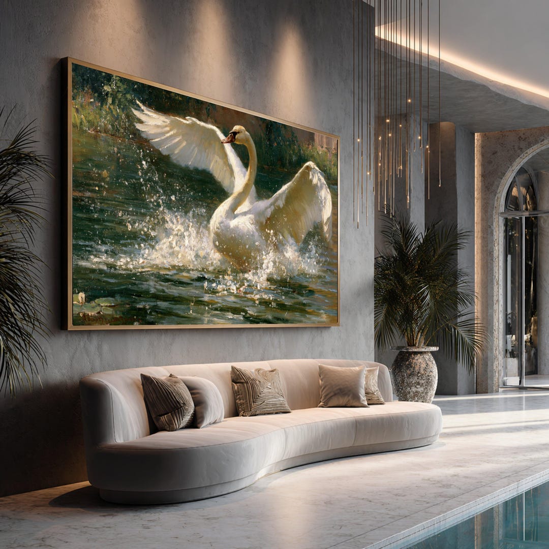 Majestic Swan Splashing Water Scene Canvas, Elegant Bird Wall Art ...