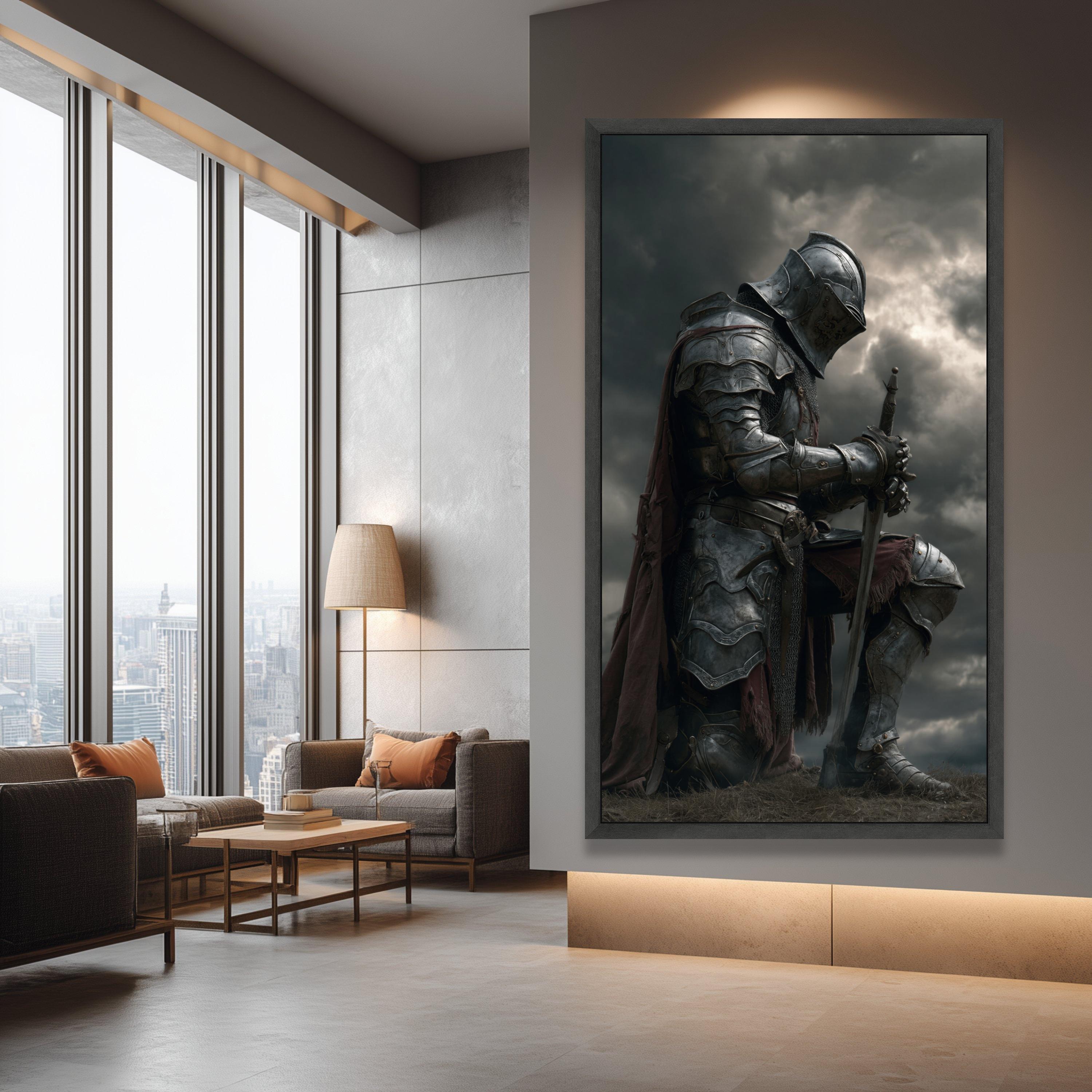 Medieval Knight Kneeling Canvas Art, Armor Sword Dark Sky, Gothic ...