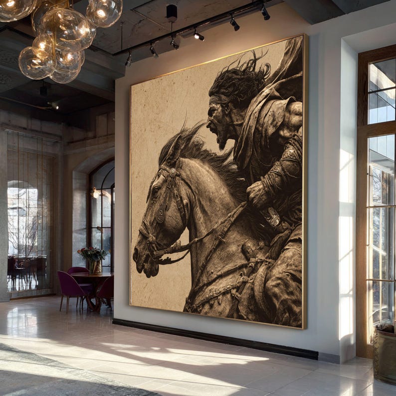 Felle krijger opladen paard canvas, middeleeuwse strijdscène muurkunst, vintage stijl canvas decoratie, dynamische interieurkunst afbeelding 1