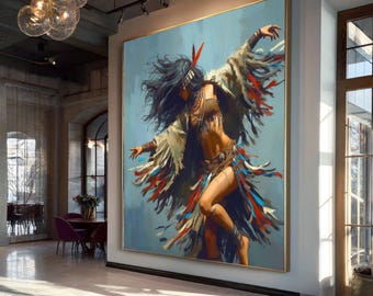 Canvaskunst inheemse danser, levendige boho vrouw muurschildering, tribal etnische woondecoratie