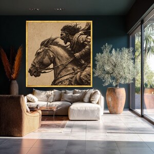 Felle krijger opladen paard canvas, middeleeuwse strijdscène muurkunst, vintage stijl canvas decoratie, dynamische interieurkunst afbeelding 6