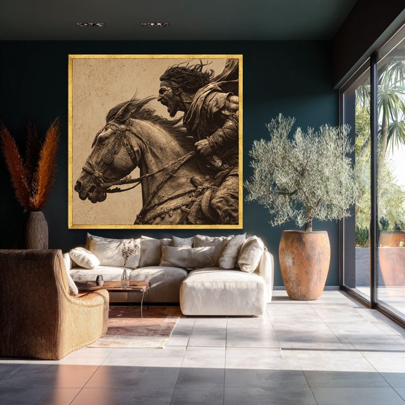 Felle krijger opladen paard canvas, middeleeuwse strijdscène muurkunst, vintage stijl canvas decoratie, dynamische interieurkunst afbeelding 6