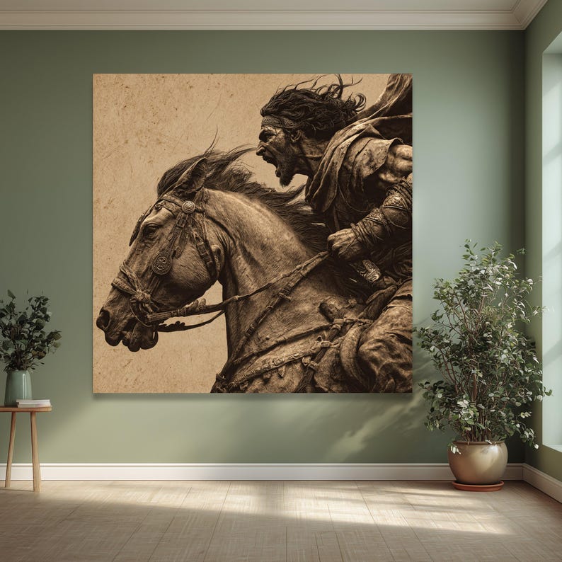 Felle krijger opladen paard canvas, middeleeuwse strijdscène muurkunst, vintage stijl canvas decoratie, dynamische interieurkunst afbeelding 7